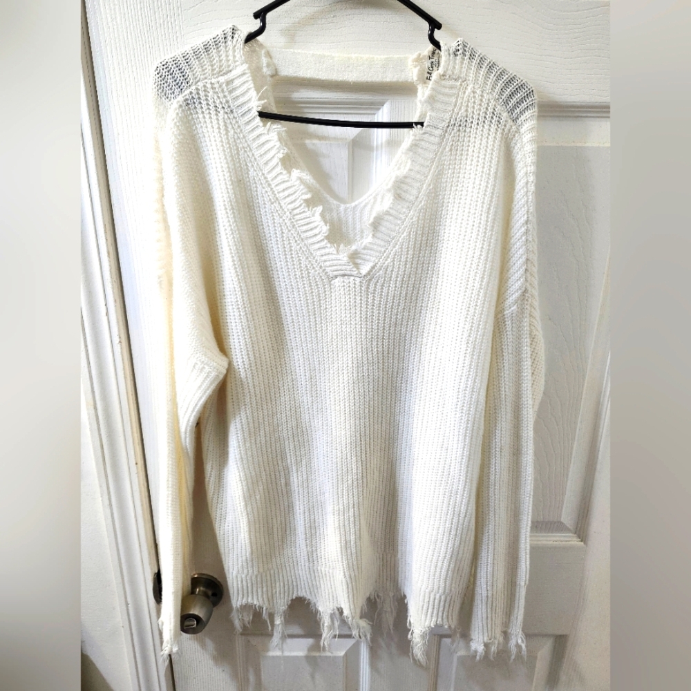 White V-Neck Sweater with Distressed Edges